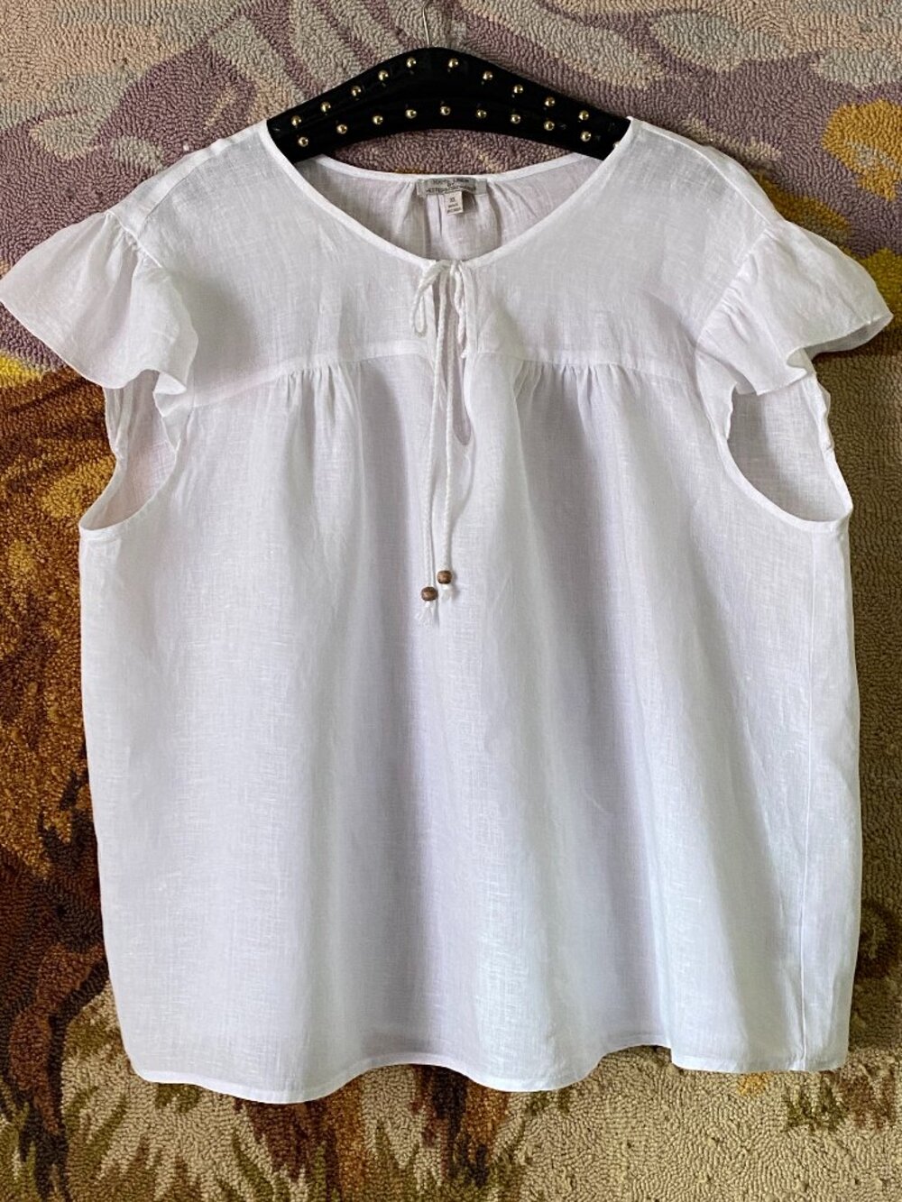 Hester & Orchard 100% Linen Sz XL White Blouse Flutter Sleeve Round Tie Neck